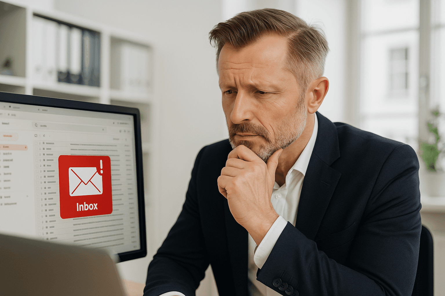 Ein nachdenklicher Mann mittleren Alters sitzt im Büro vor einem Computer und schaut besorgt auf seinen geöffneten E-Mail-Posteingang, auf dem ein rotes Warnsymbol für neue Nachrichten angezeigt wird.