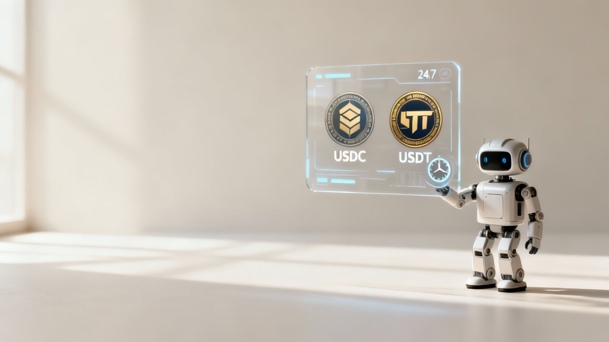 A white AI robot displays a holographic screen featuring USDC and USDT cryptocurrency logos in a clean room.