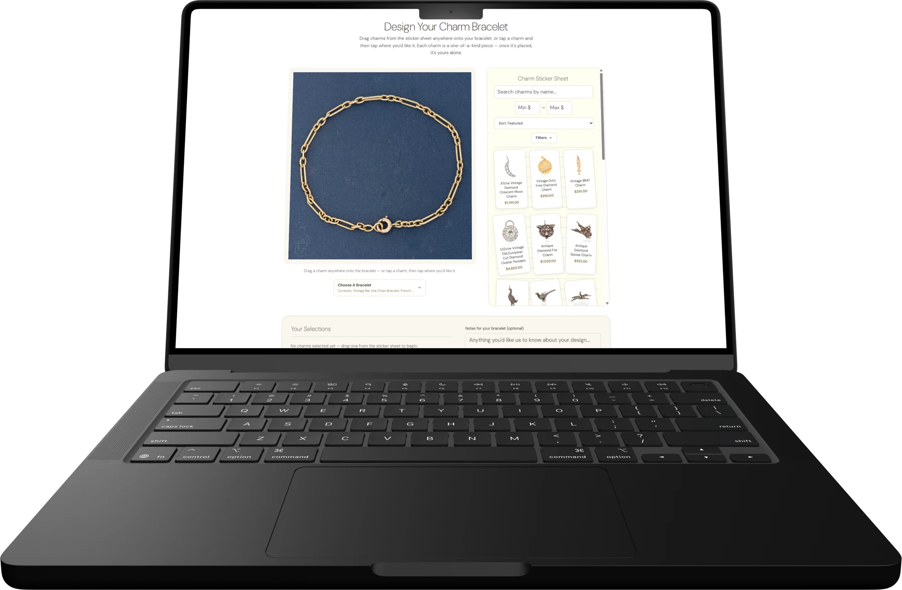 Design Your Charm Bracelet page on a laptop