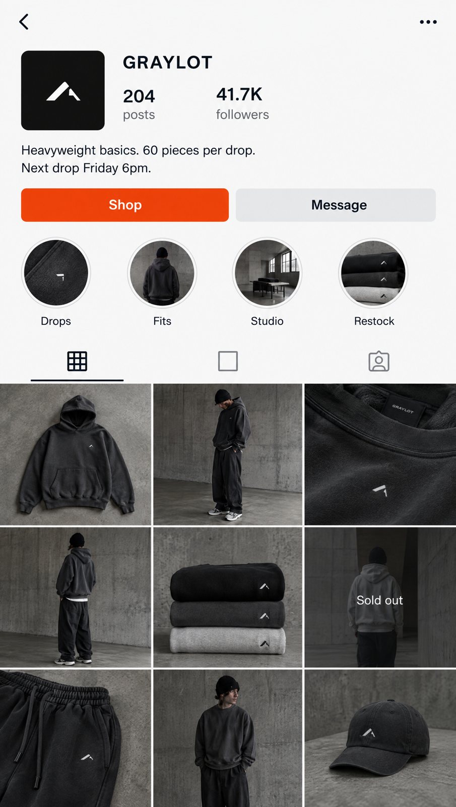 Example Instagram profile for a fictional streetwear label: bio with drop size and next drop time, Shop button, highlights for drops, fits, studio and restocks, and a consistent product grid with one sold-out tile
