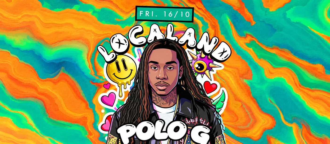 Localand poster for BLU Dubai on Friday 16 October with Polo G, on a swirling orange and green background