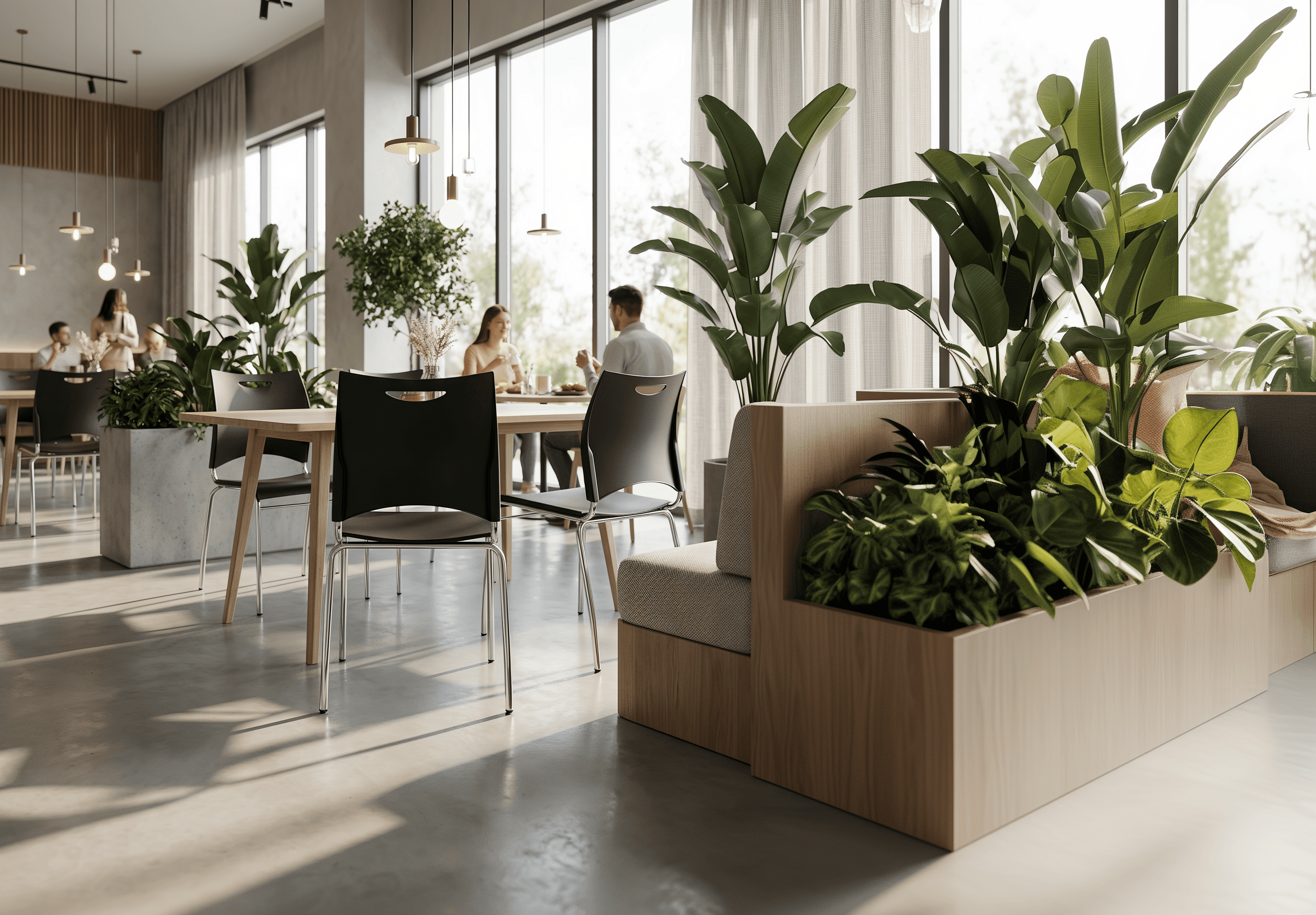 A modern indoor space featuring large planters with green plants, bright windows, and minimalist furniture.