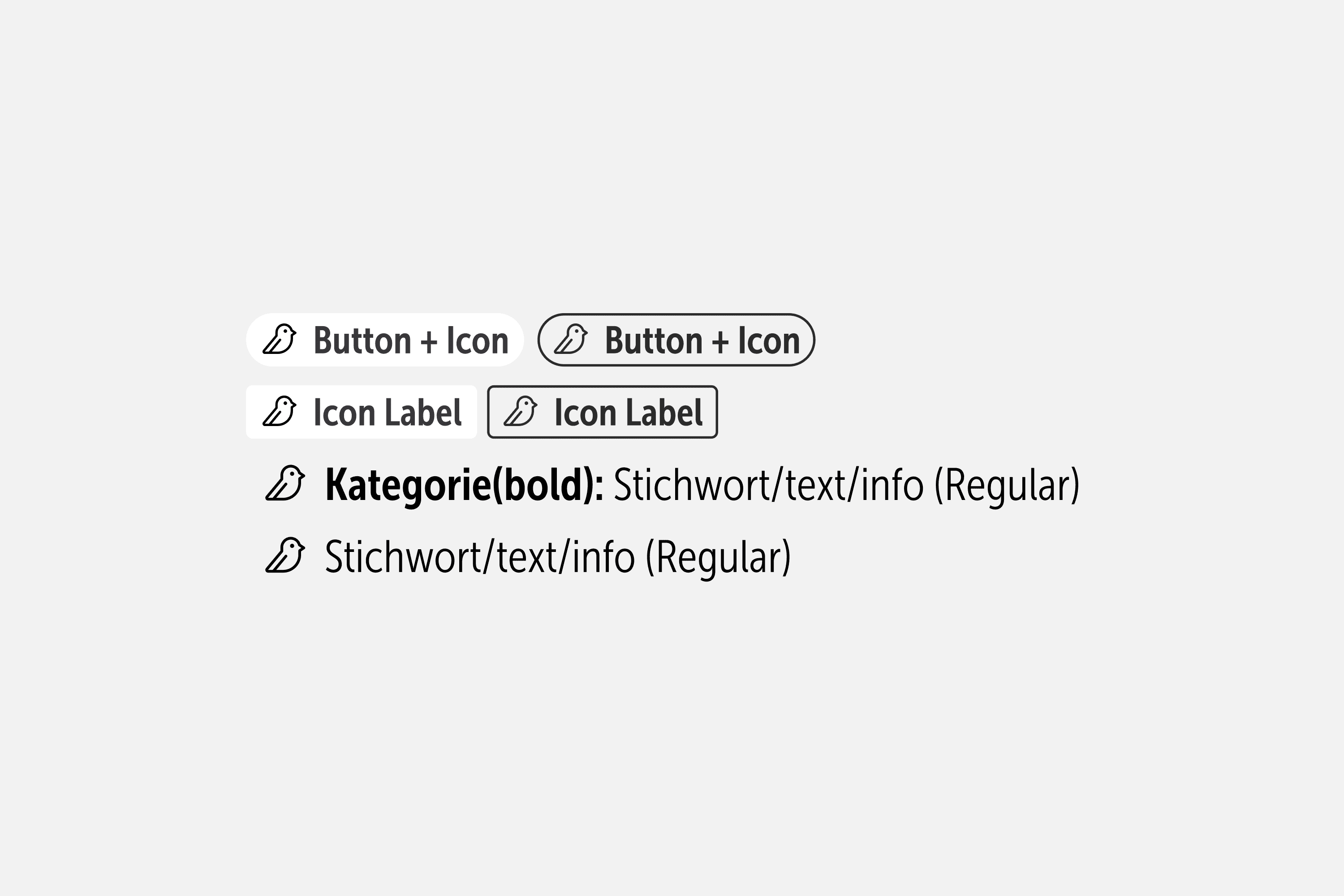 Button + Icon, Icon Label, Kategorie(bold): Stichwort/text/info
