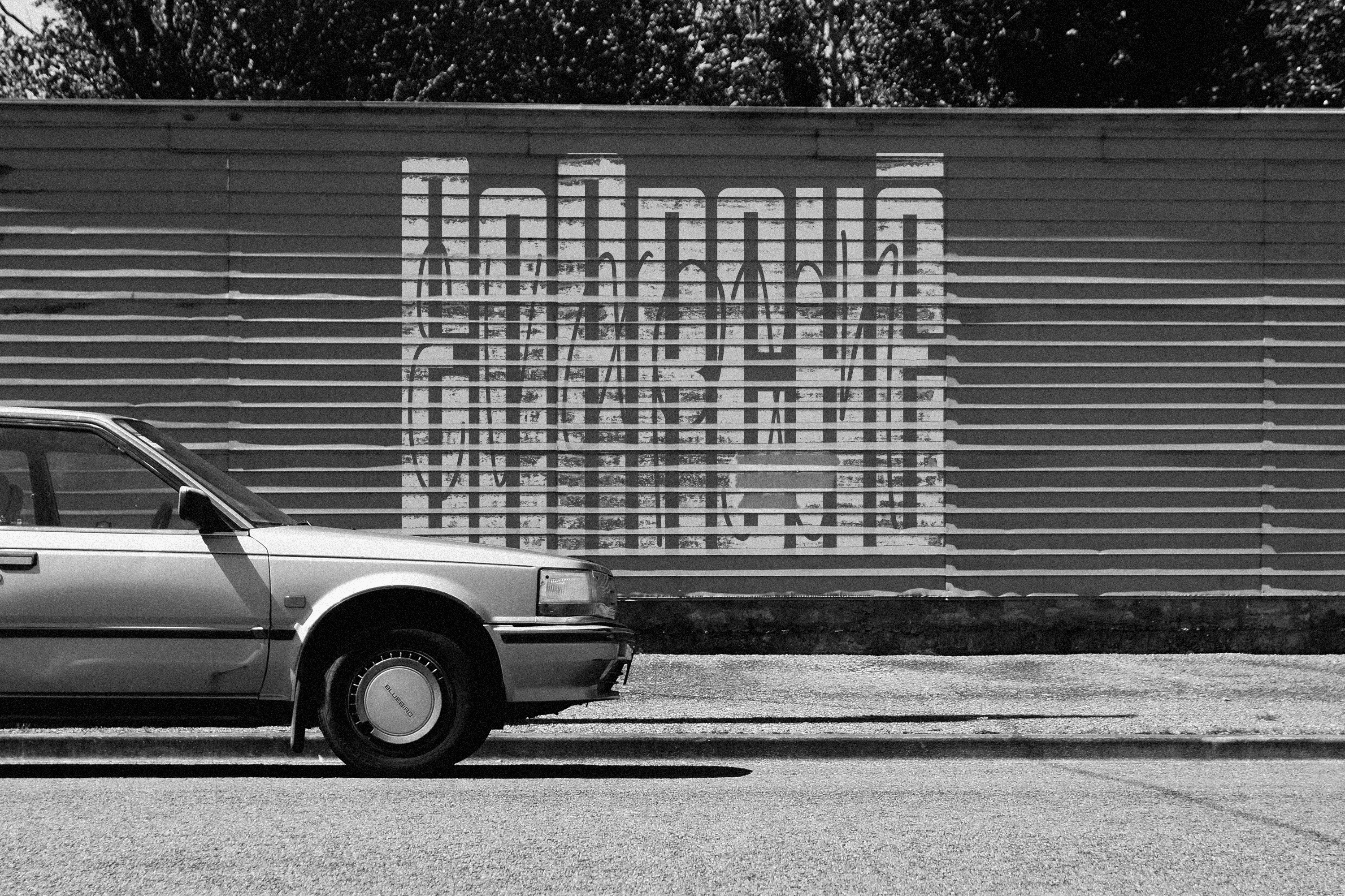 Fence painted with EnArchē's logo that is partially occluded by a parked car.