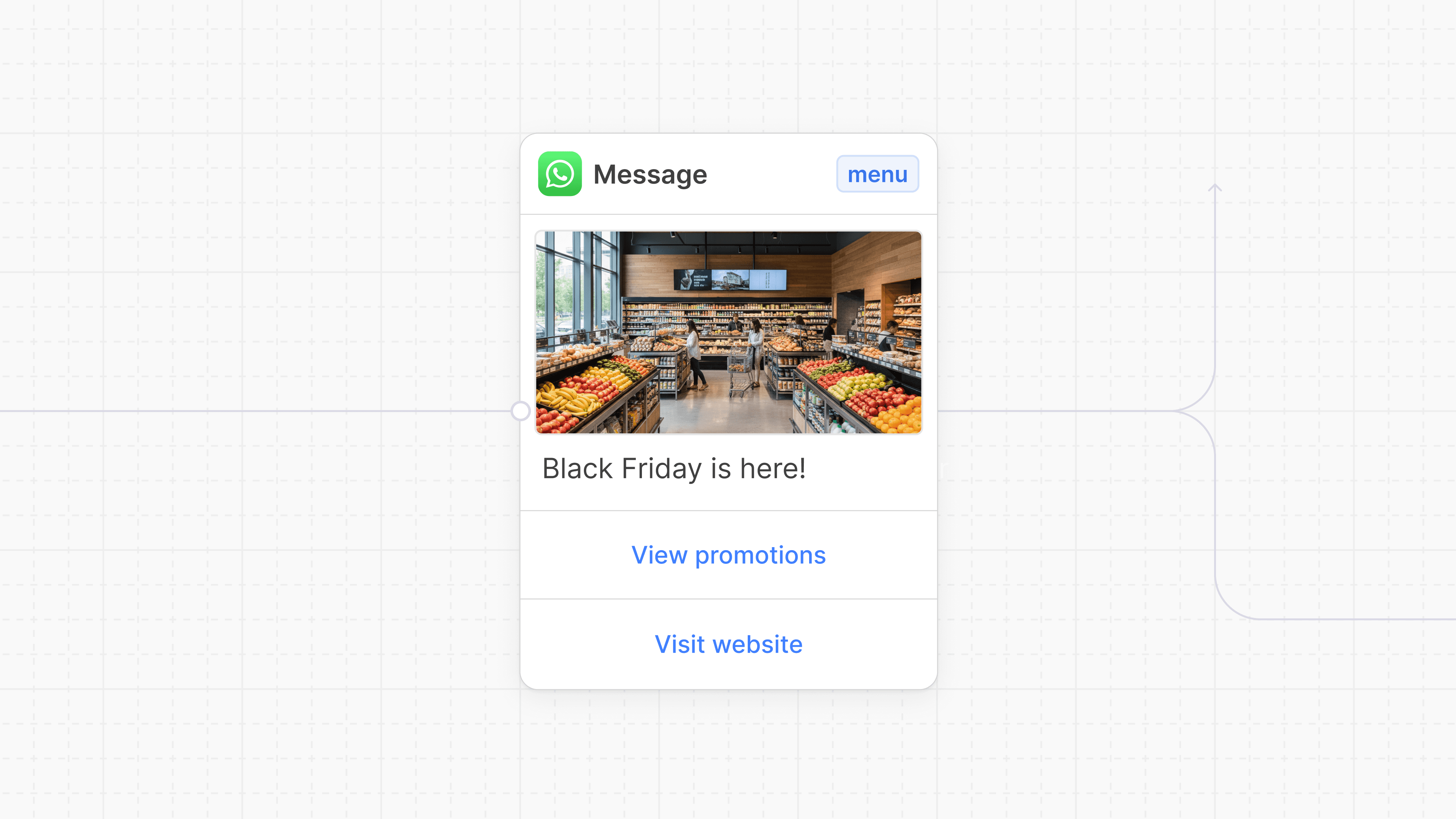 WhatsApp business message showing grocery store with Black Friday promotion and call-to-action buttons.