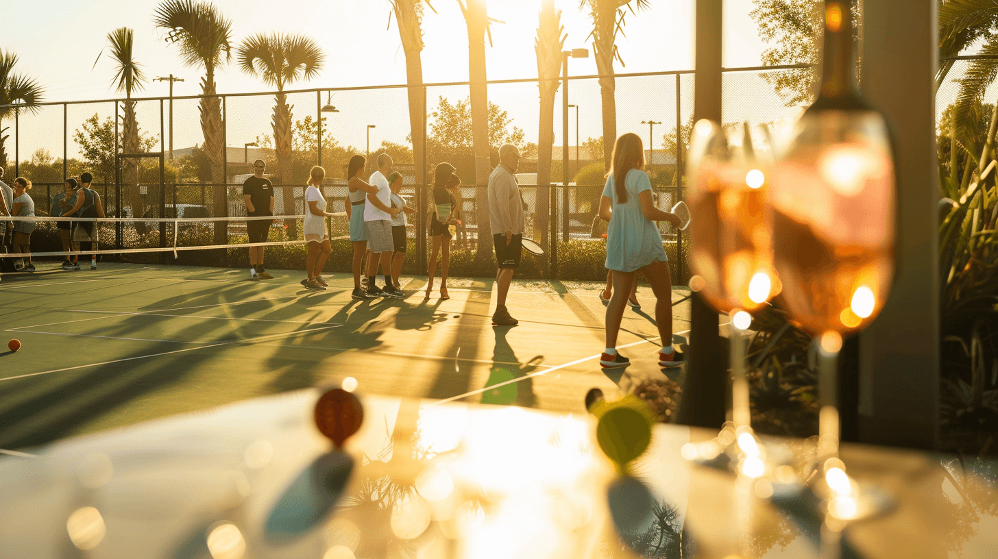 Glass of wine with the sunset and pickleball in the background