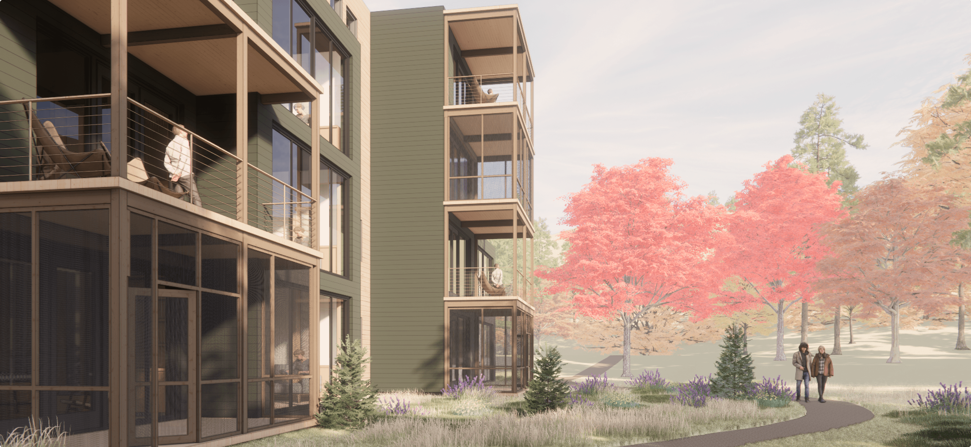 Open-concept living space in a TMBR multifamily home, featuring timber walls, built-in shelving, and natural light.