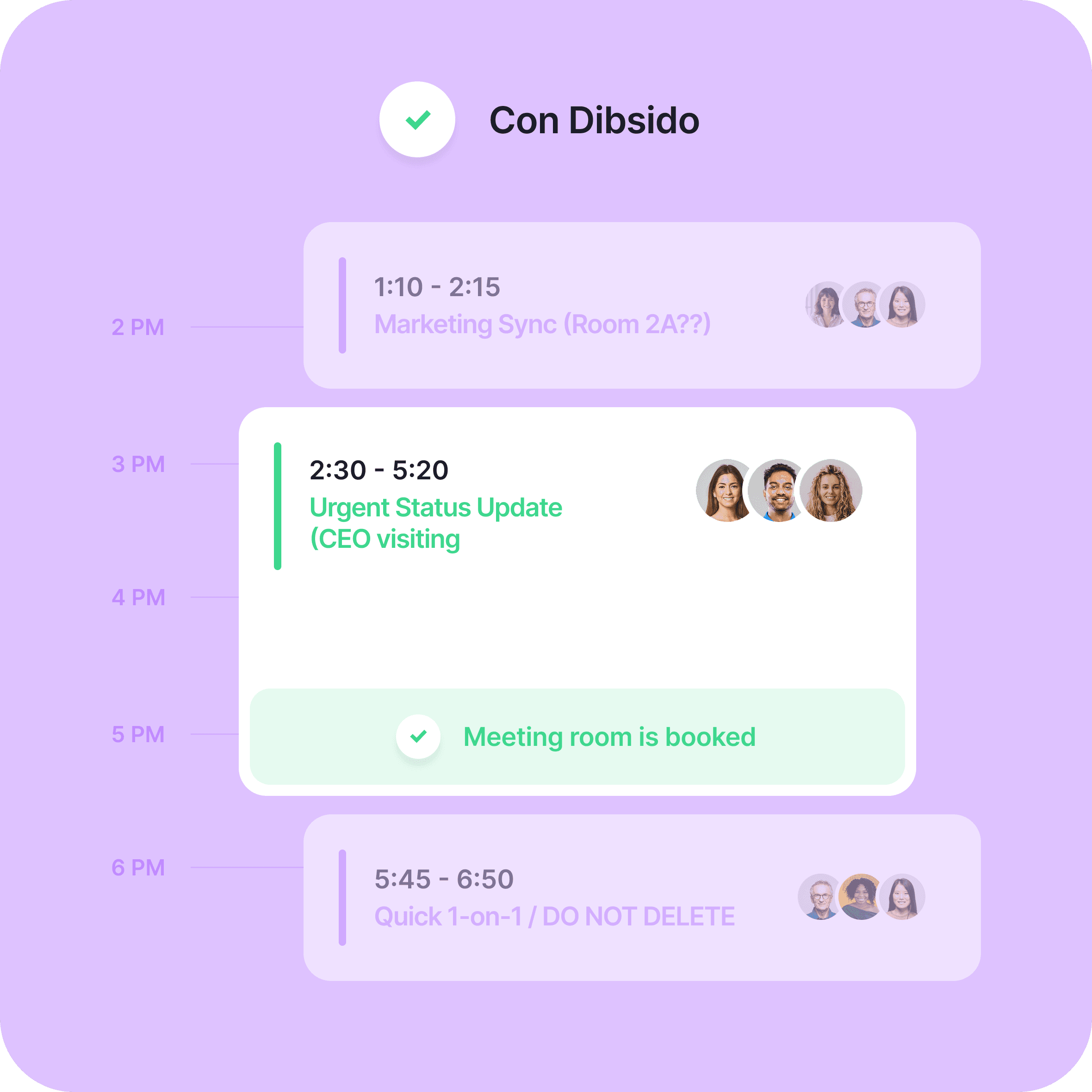 Meeting room booking with Dibsido: a clear calendar showing the room booked with no clashes.