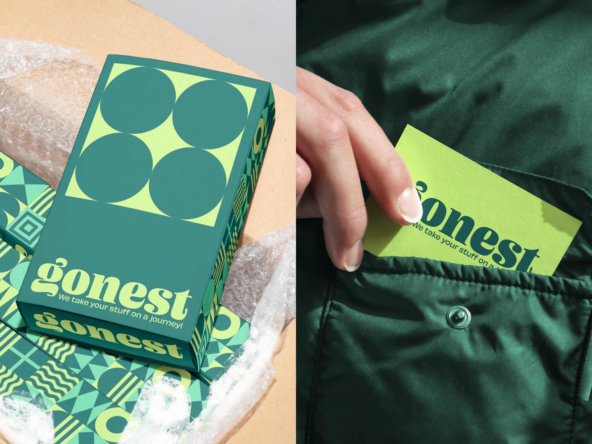 Person som tar upp ett Gonest-visitkort ur bröstfickan bredvid en brandad kartong, som visar företagets grafiska design och visuella identitet.