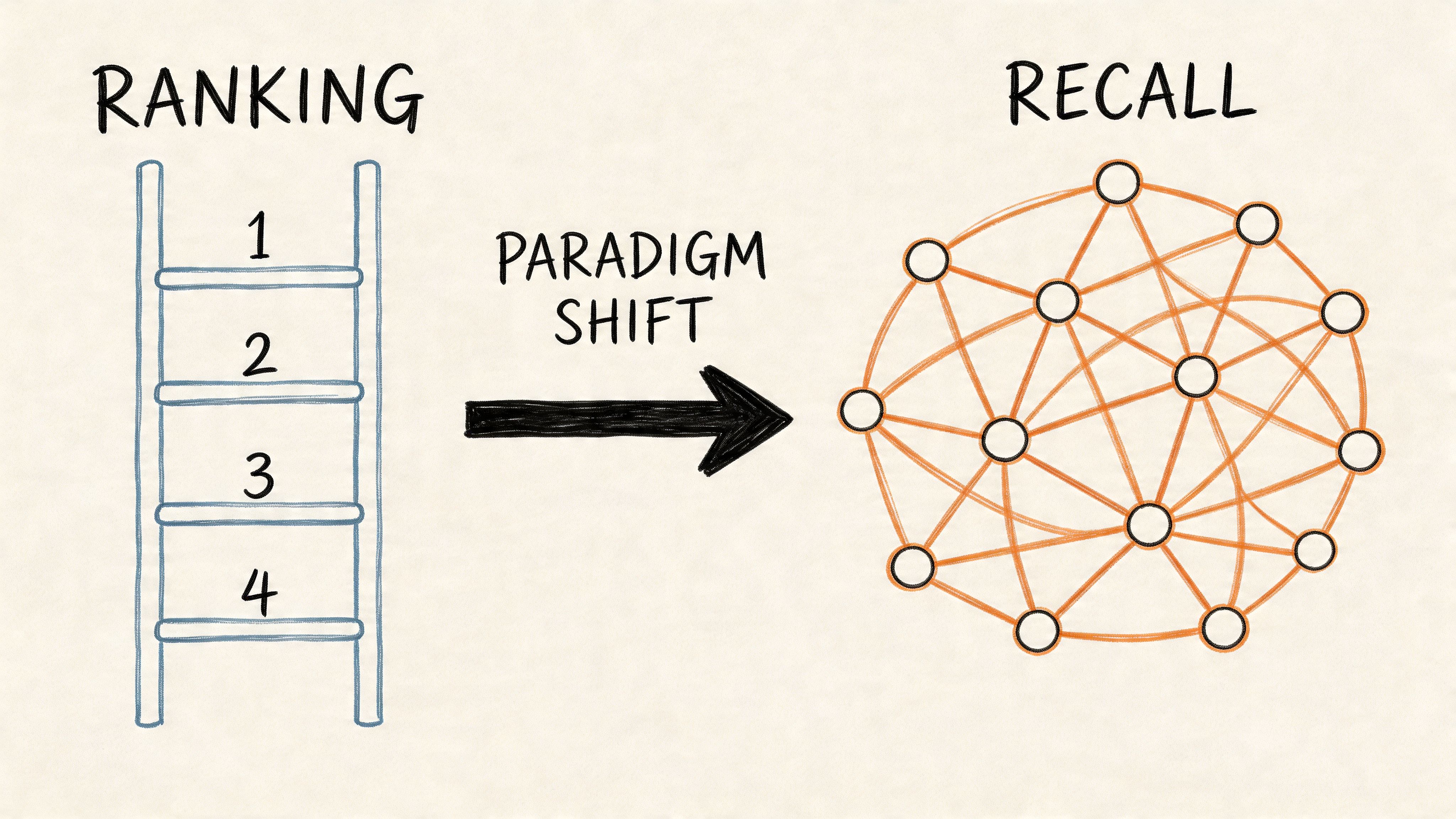 A diagram comparing linear ranking on a ladder to interconnected network recall in AI systems.