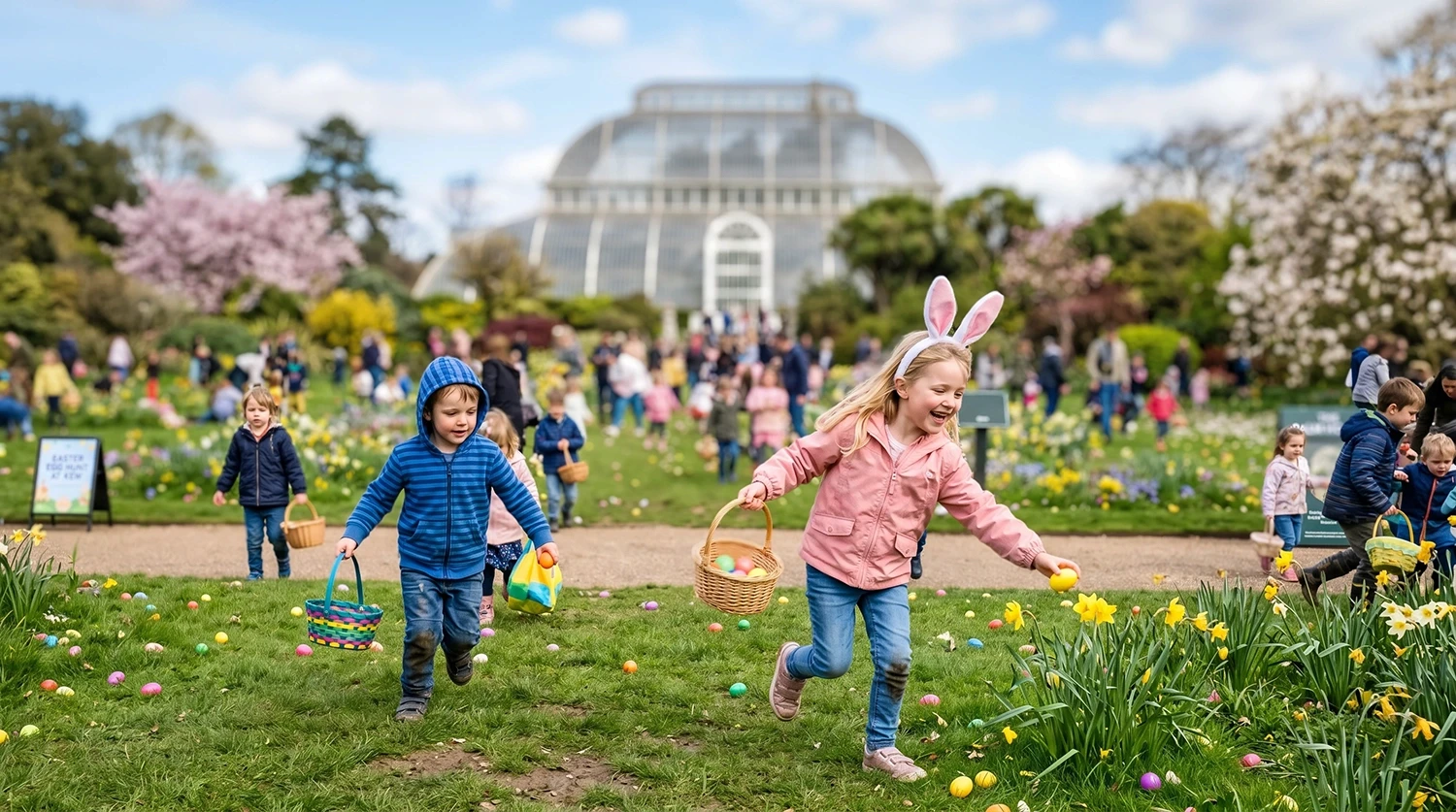 Children running with wicker baskets during an Easter egg hunt in a botanical garden with spring flowers and a glasshouse