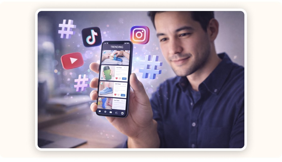 Person surrounded by social media icons