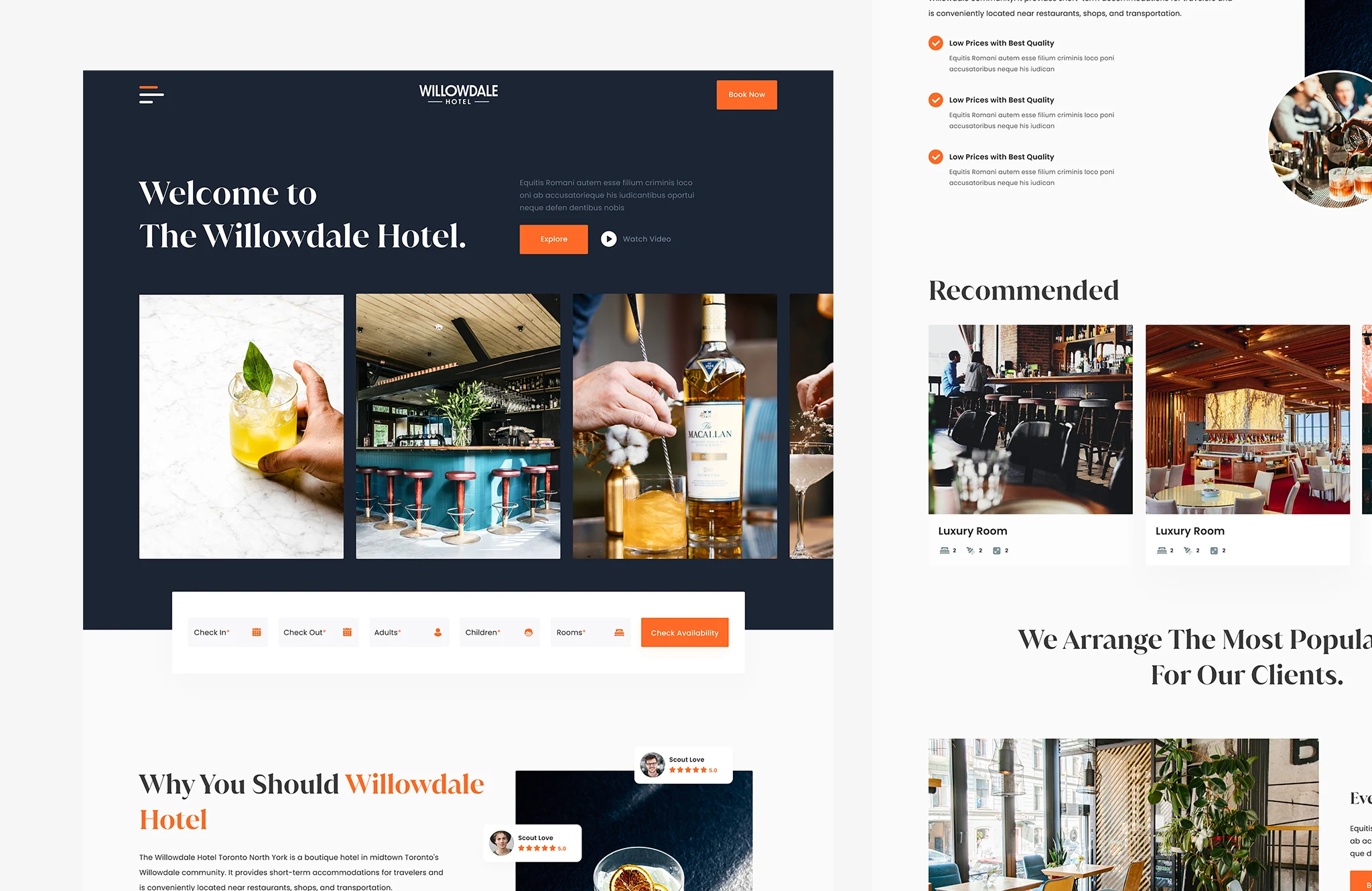 Hotel website hero design featuring boutique hotel branding, booking interface, and luxury hospitality visuals