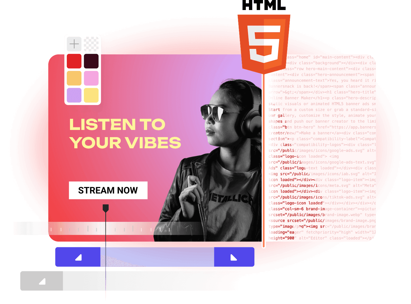 Editor interface showing an animated HTML5 banner ad with timeline controls, color palette tools, and production-ready export code.