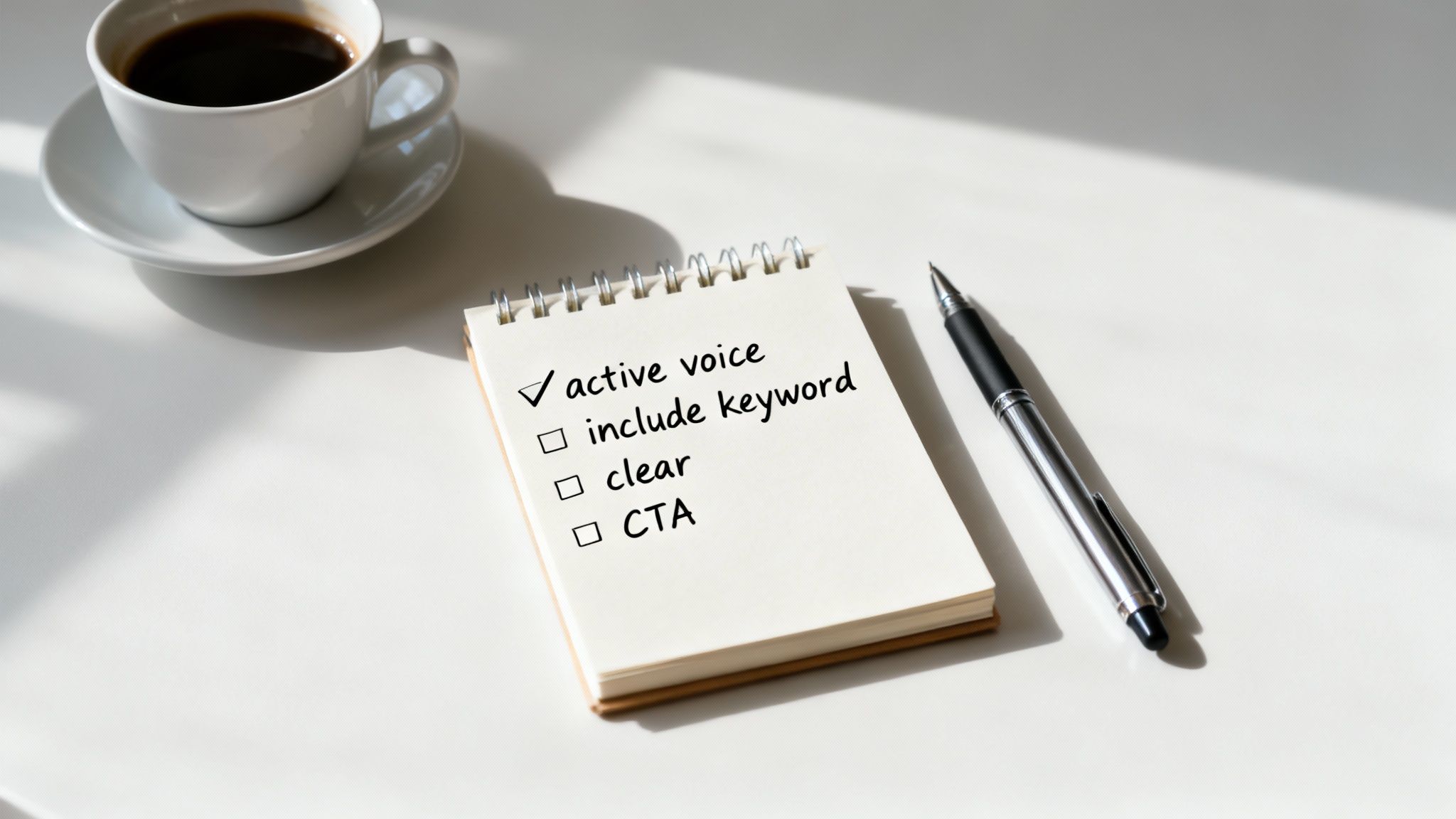 A person typing on a laptop, focused on writing effective copy for a meta description.