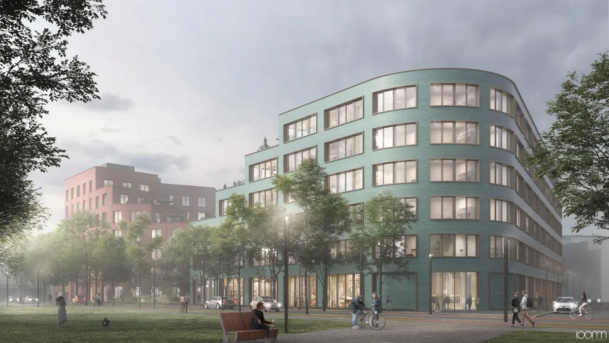 Isometrische Zeichnung eines Bauprojekts mit mehreren Gebäuden und markierten Strukturen in Rot