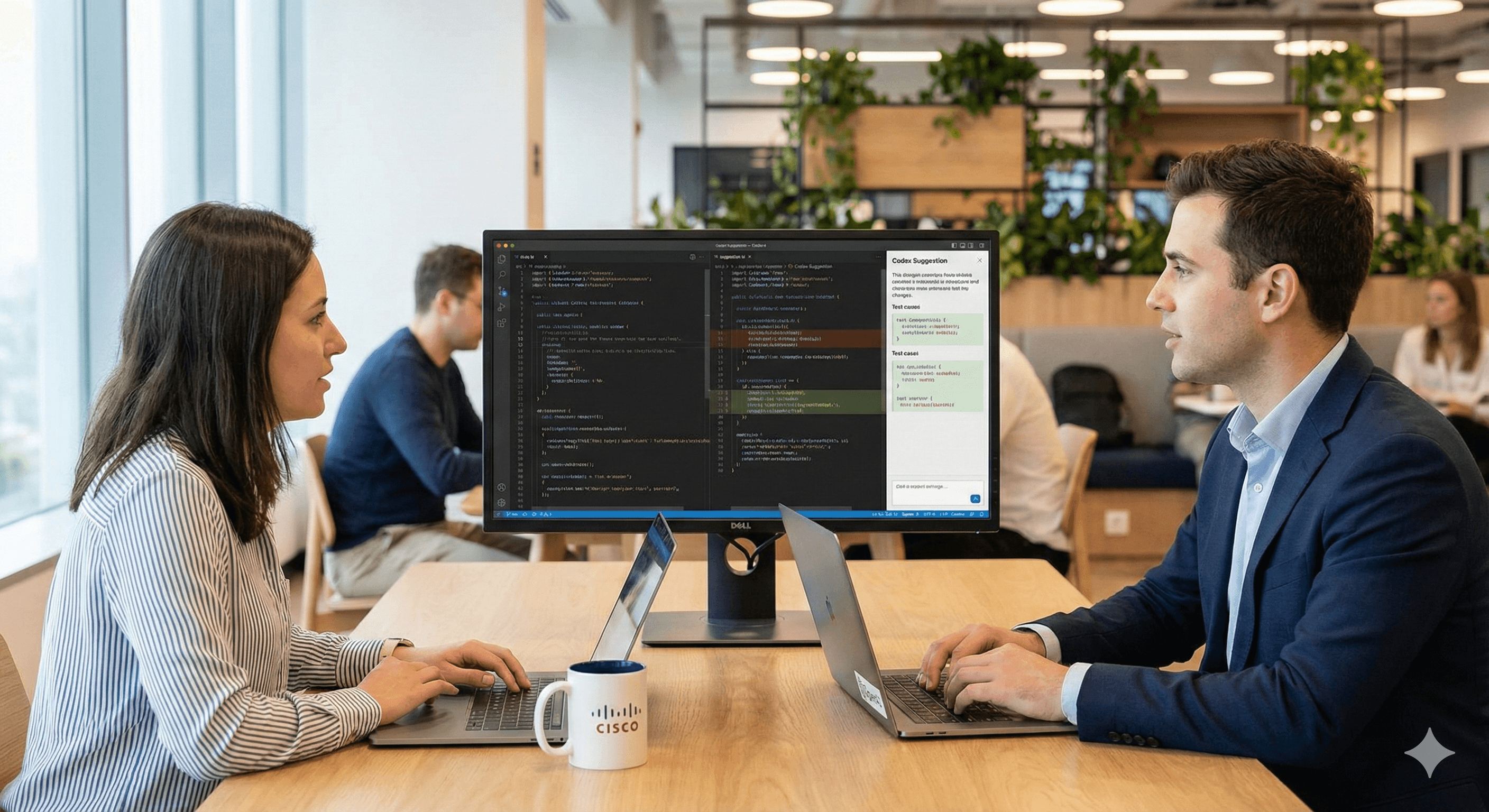 Two professionals, seated across a wooden table with laptops, collaborate in a modern office space with a large screen displaying code, illustrating the integration of Cisco x OpenAI: Codex to streamline enterprise engineering processes.