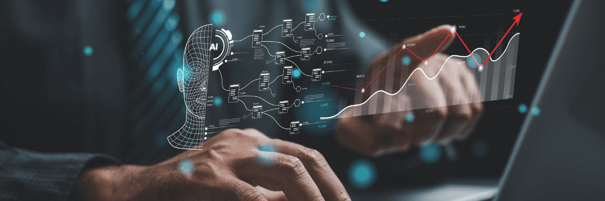 Hände an einem Laptop mit visualisierten KI‑Datenströmen