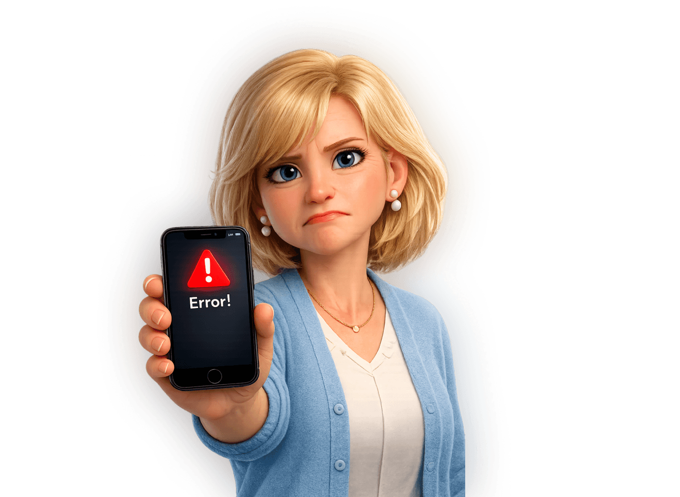 Frustrated user holding a smartphone displaying an error message.