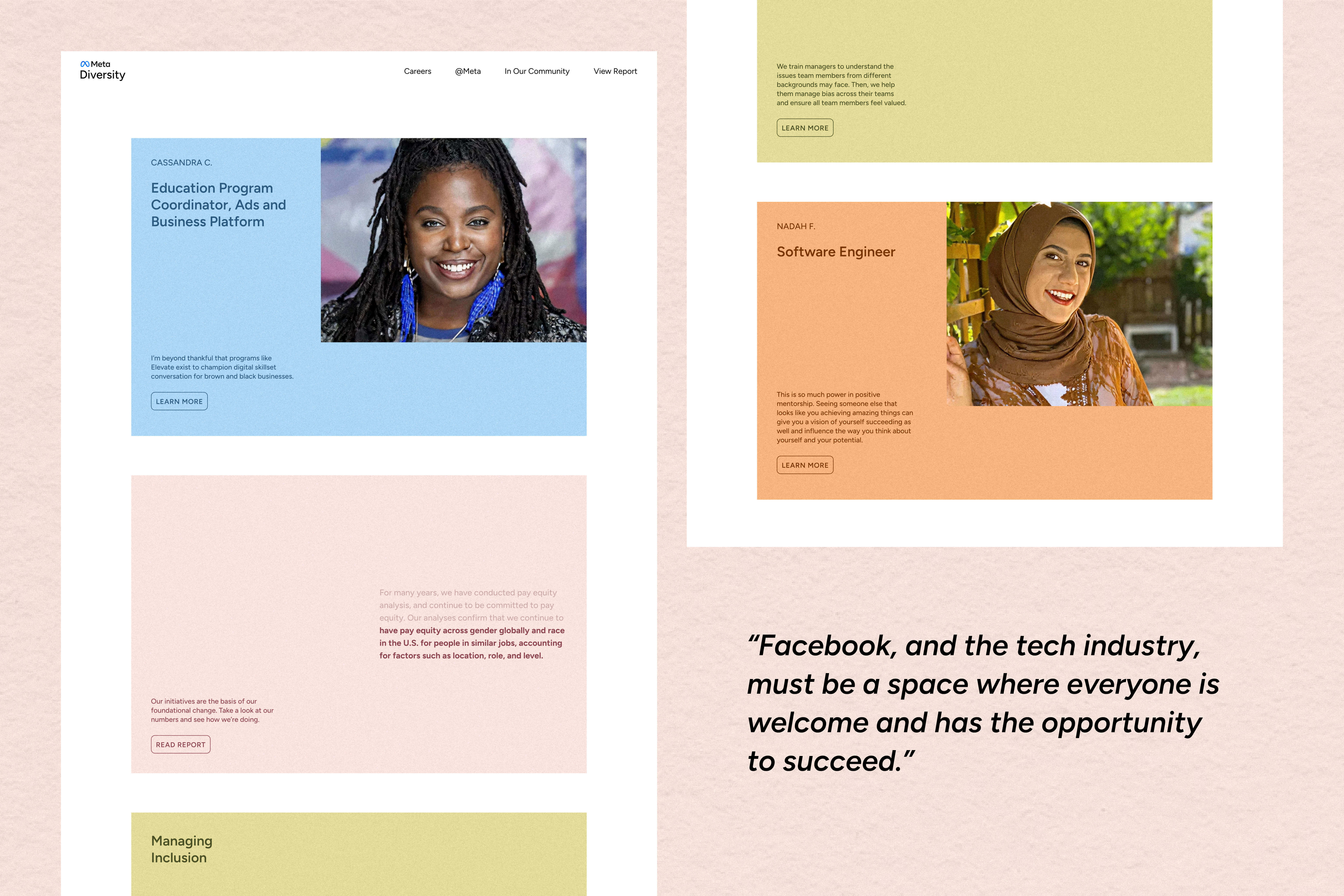 Screenshots of the Meta Diversity website featuring stories of employees