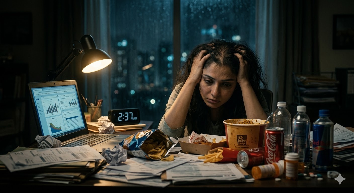 Healthy foods arranged around glowing tooth outline on white wooden surface.