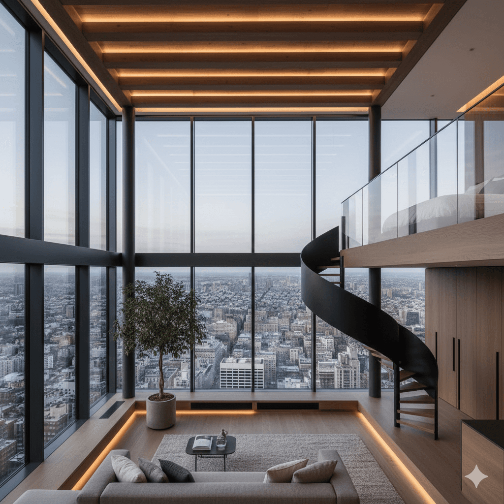 Luxury double-height serviced loft interior with city views at M3M commercial project Sector 57