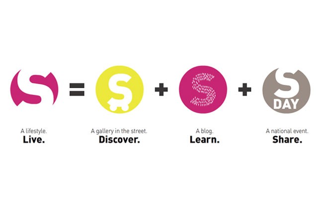 The image shows four logos arranged horizontally, each accompanied by a mathematical symbol and a descriptive label. From left to right, the logos are: a pink “S” with a curved tail, equal sign (equality symbol), a yellow “S” with a curved tail and a house icon, and a pink “S” with a dotted line inside, labeled “A blog.” Next to each logo is a phrase describing its function: “A lifestyle,” “A gallery in the street,” “A blog,” and “A national event.” The last logo on the right is labeled “A “DAY””.