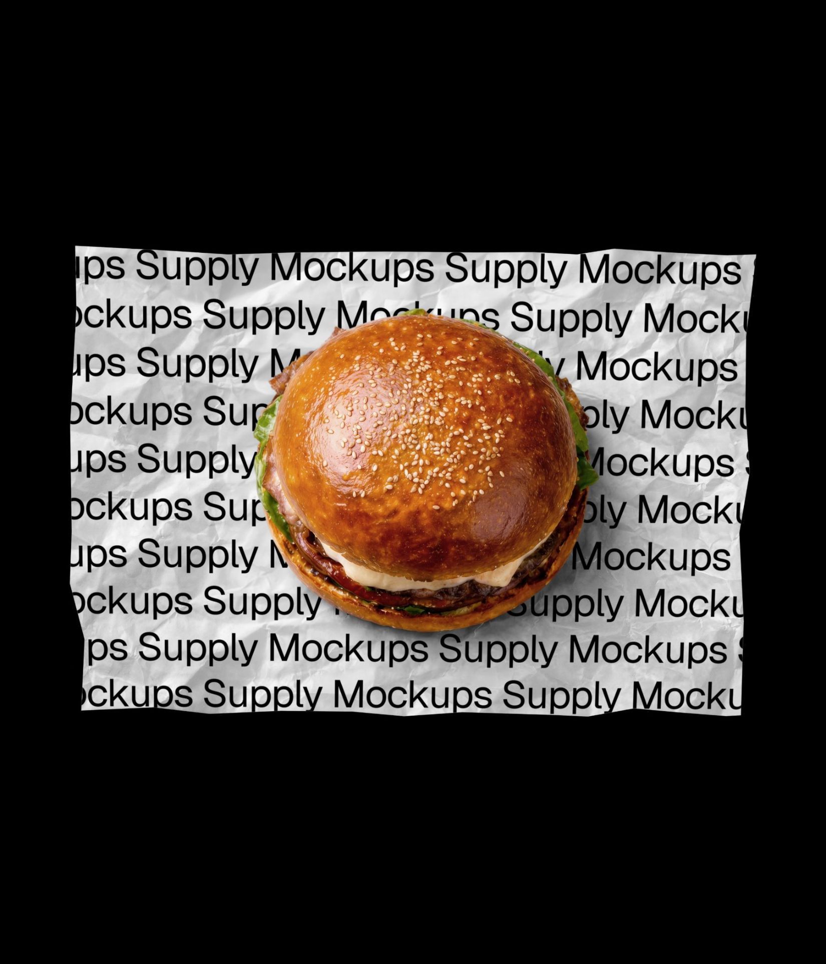 Burger on paper wrap mockup top view on dark background download PSD on Mockups Supply