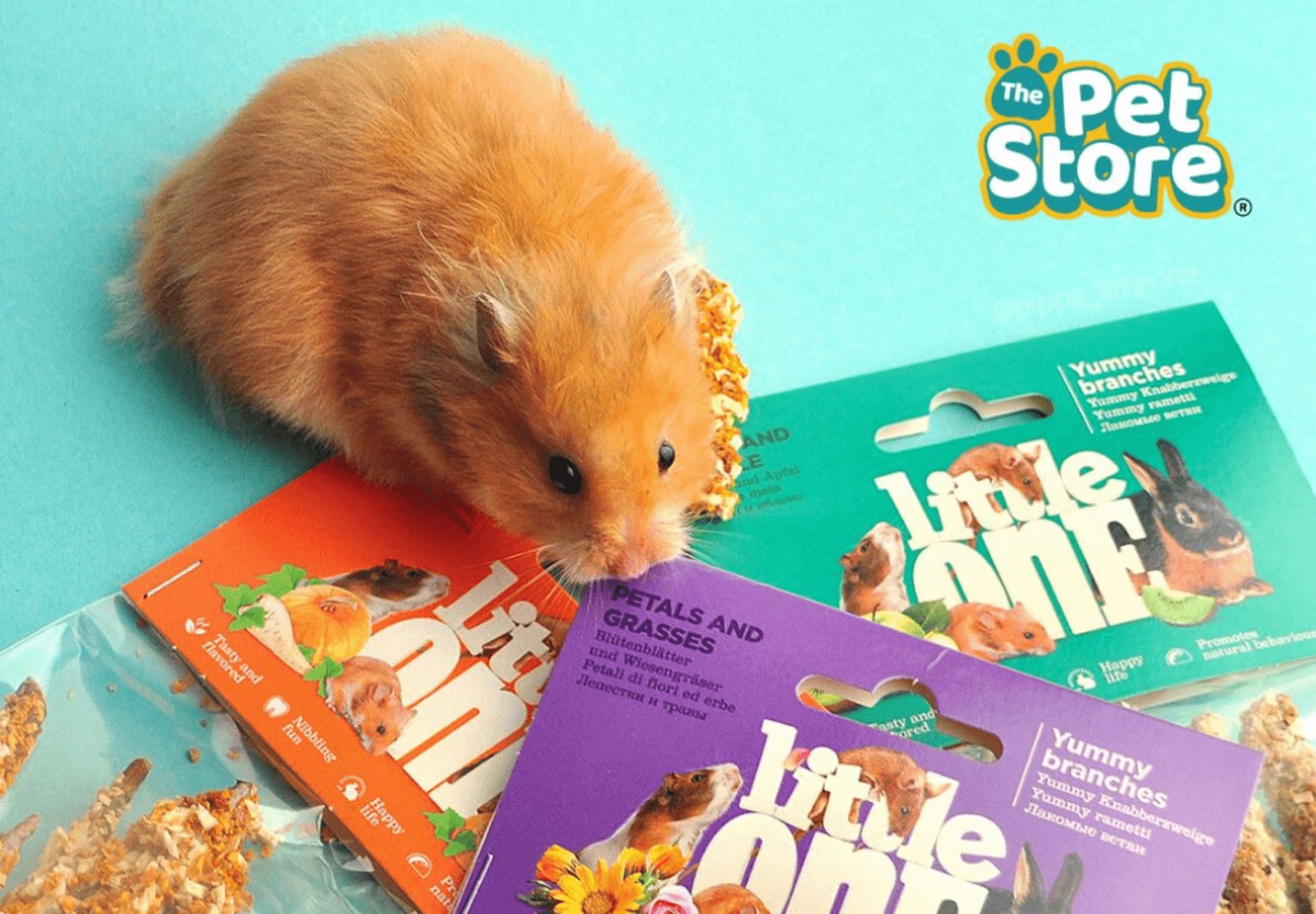 A promotional ad by The Pet Store featuring a small animal looking through the products.