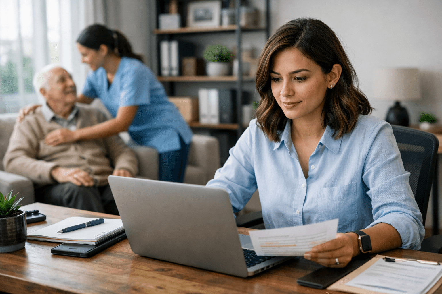 A young lady owner of a small home care agency at a desk, reviewing client intake notes on a laptop, with a caregiver and an elderly client visible in the background, conveying organisation and professionalism in a modern office and home setting. Shot on Fujifilm X-T4, aspect ratio 3:2