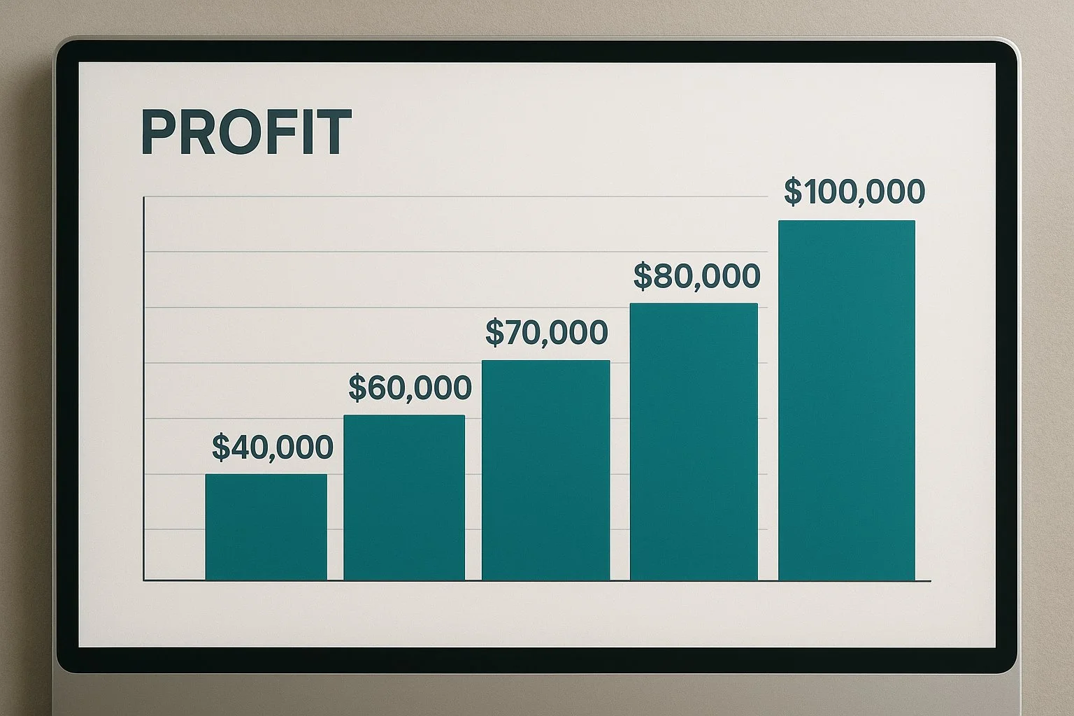 Financial dashboard with profit bars rising from $60K to $100K, symbolizing steady earnings growth.