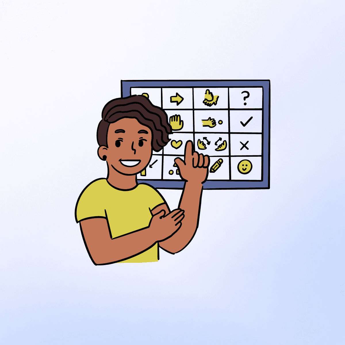 Illustration of a parent holding an AAC device and a child pressing buttons on it