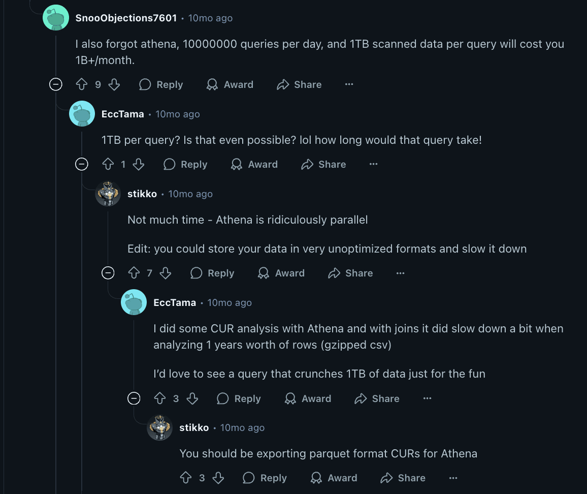 Screenshot of a Reddit discussion where users debate AWS Athena’s runaway costs, with one commenter stunned that scanning 1 TB per query could top a billion dollars a month.