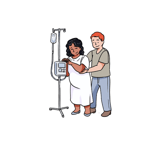 An illustration of a man supporting a pregnant woman standing in hospital gown with an IV drip next to her.
