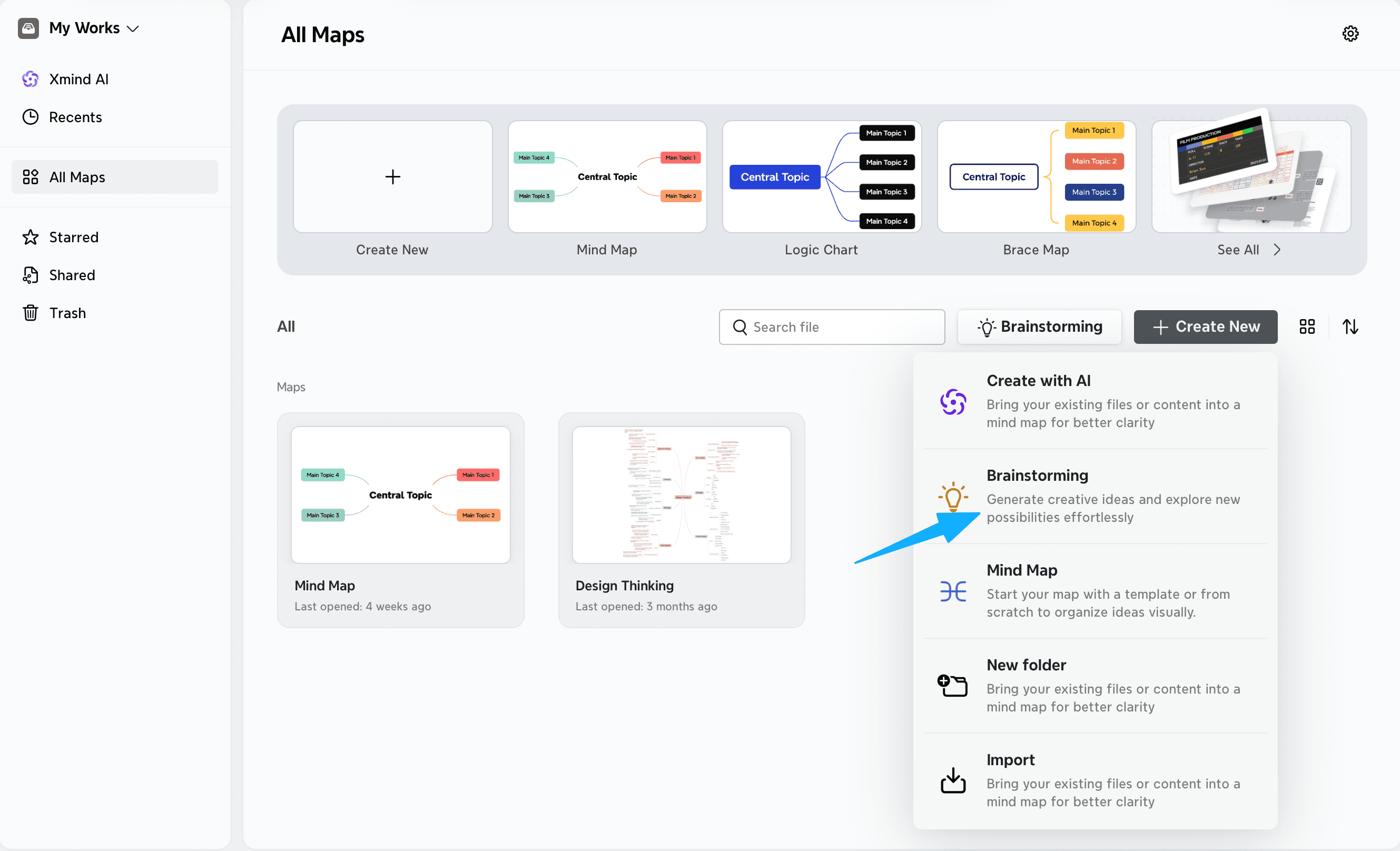 Brainstorming tool interface with mind map options