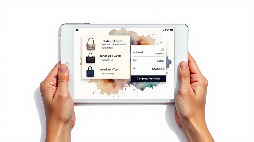 Person holding a tablet displaying an e-commerce checkout screen with bags and order details.