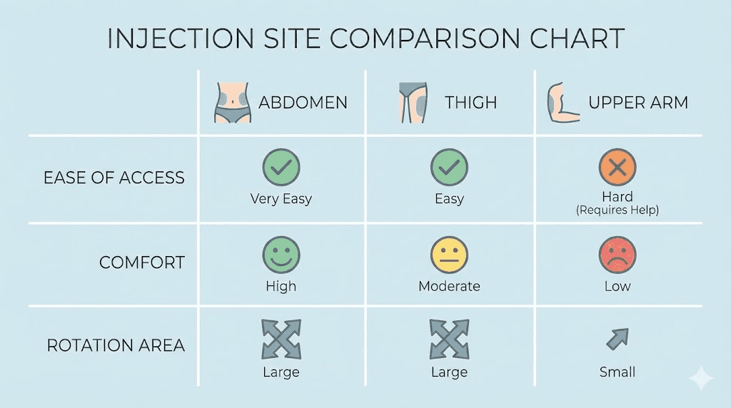 Tirzepatide injection site comparison chart abdomen thigh upper arm