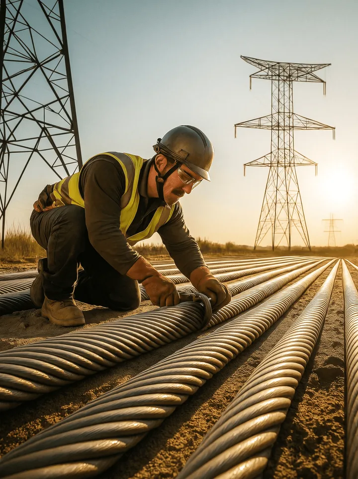 Ouvrier en gilet de sécurité posant des gaines électriques sur un chantier
