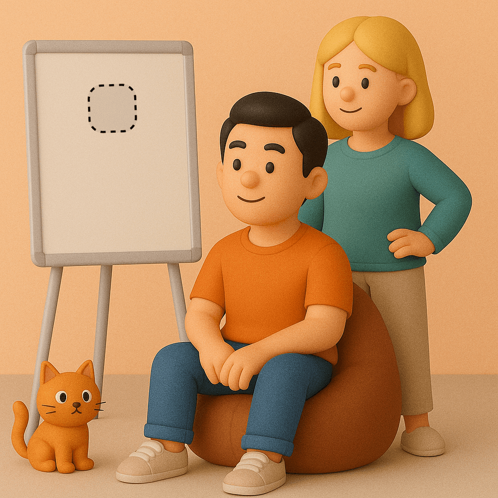 A clay-style illustration of a man sitting on a bean bag and a woman standing beside him, with a whiteboard in the background and a small orange cat sitting near their feet.