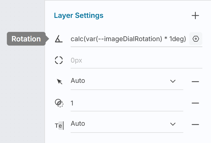 Rotation input popover open showing a binding reference inserted as a calc expression