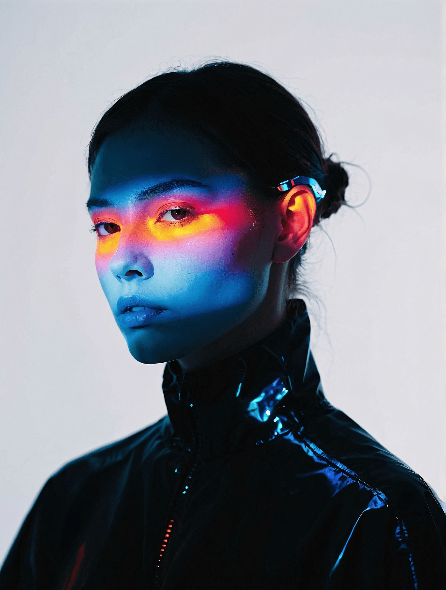 Abstract crescent-shaped cloud of white particles on a black background with subtle rainbow light