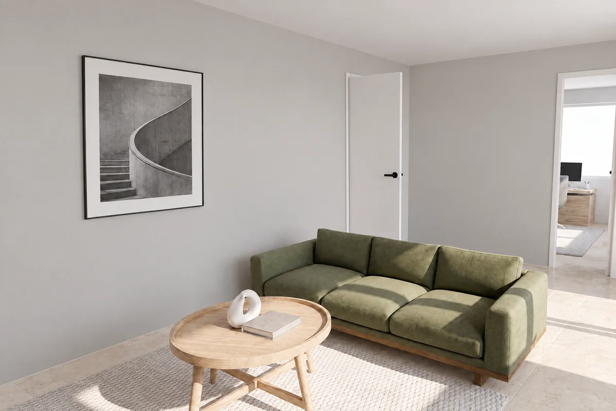 Living room rendered in a contemporary style with the same custom sofa