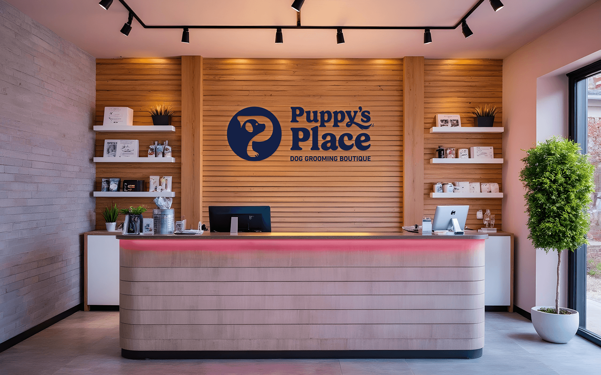 Photo of front desk at Puppy's Place grooming salon featuring the Puppy's Place logo