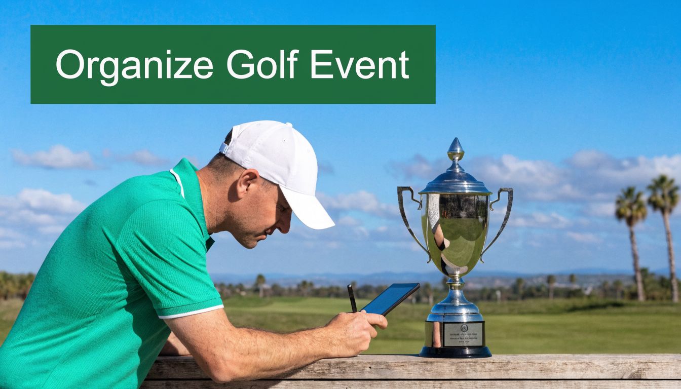 A golfer in a green shirt holding a stylus near a trophy on a sunny course.