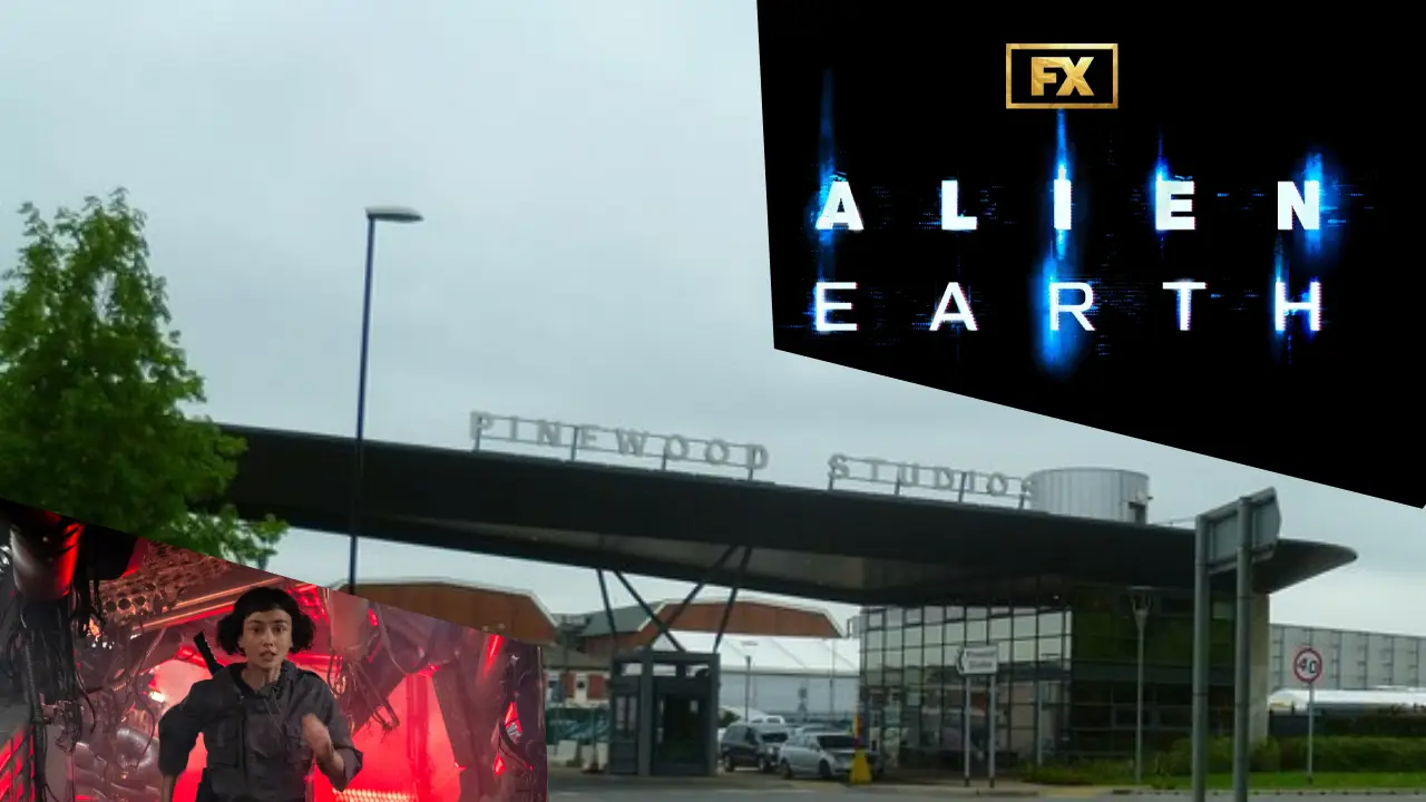 A woman is shown running in an action scene cut-out placed in front of an image of Pinewood Studios, which is recognized by its iconic signage, with a large "FX Alien Earth" promotional banner prominently displayed in the sky.