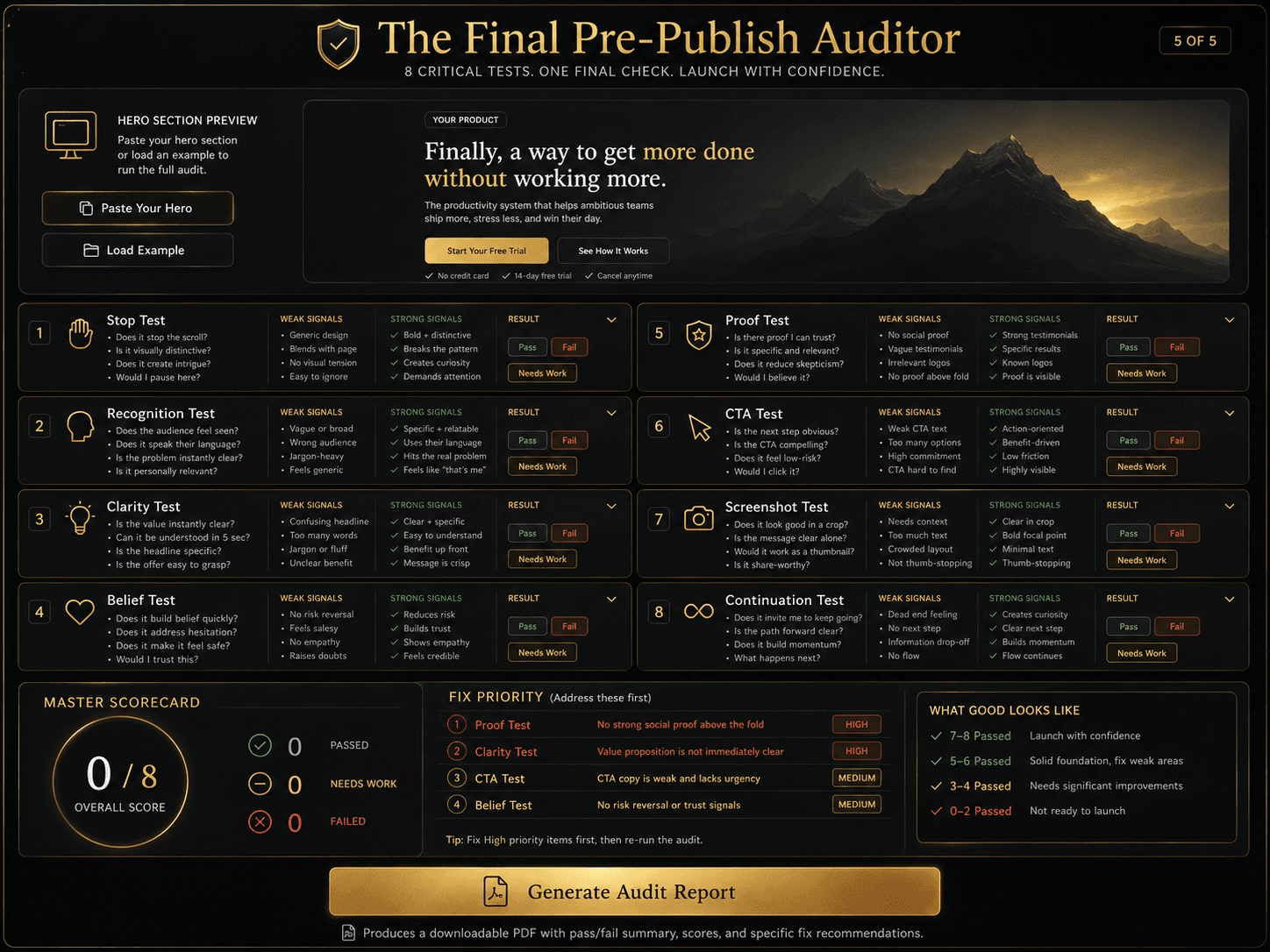 “The Final Pre-Publish Auditor” Concept: A minimalist, interactive auditing tool. The interface shows:  Top section: A preview of the hero section being audited (user can paste their own or load an example).  Below: The 8 tests as expandable cards. Each card shows:  Test name and icon  3-5 diagnostic questions  Weak signals checklist  Strong signals checklist  A “Pass” / “Fail” / “Needs Work” selector  Below the tests: A master scorecard showing how many tests passed.  Bottom section: A “Generate Audit Report” button that compiles all results into a downloadable PDF with pass/fail summary, weak signals detected, and specific fix recommendations.  Style: Luxury UI meets interactive audit tool. Dark background, gold accents, clean typography. Feels like a serious pre-launch instrument.  Interaction: The user pastes their hero section (or loads an example). They work through each test, answering diagnostic questions and marking pass/fail. The master scorecard updates dynamically. Clicking “Generate Report” creates a diagnostic PDF. A “Fix Priority” list shows which tests to address first (failures highlighted in red).