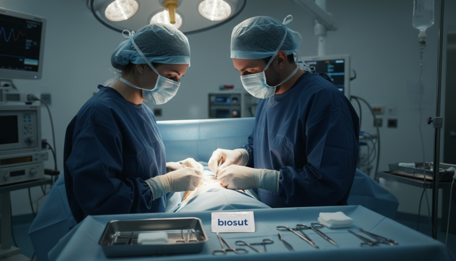 Cirurgiões realizando cirurgia usando suturas Biosut