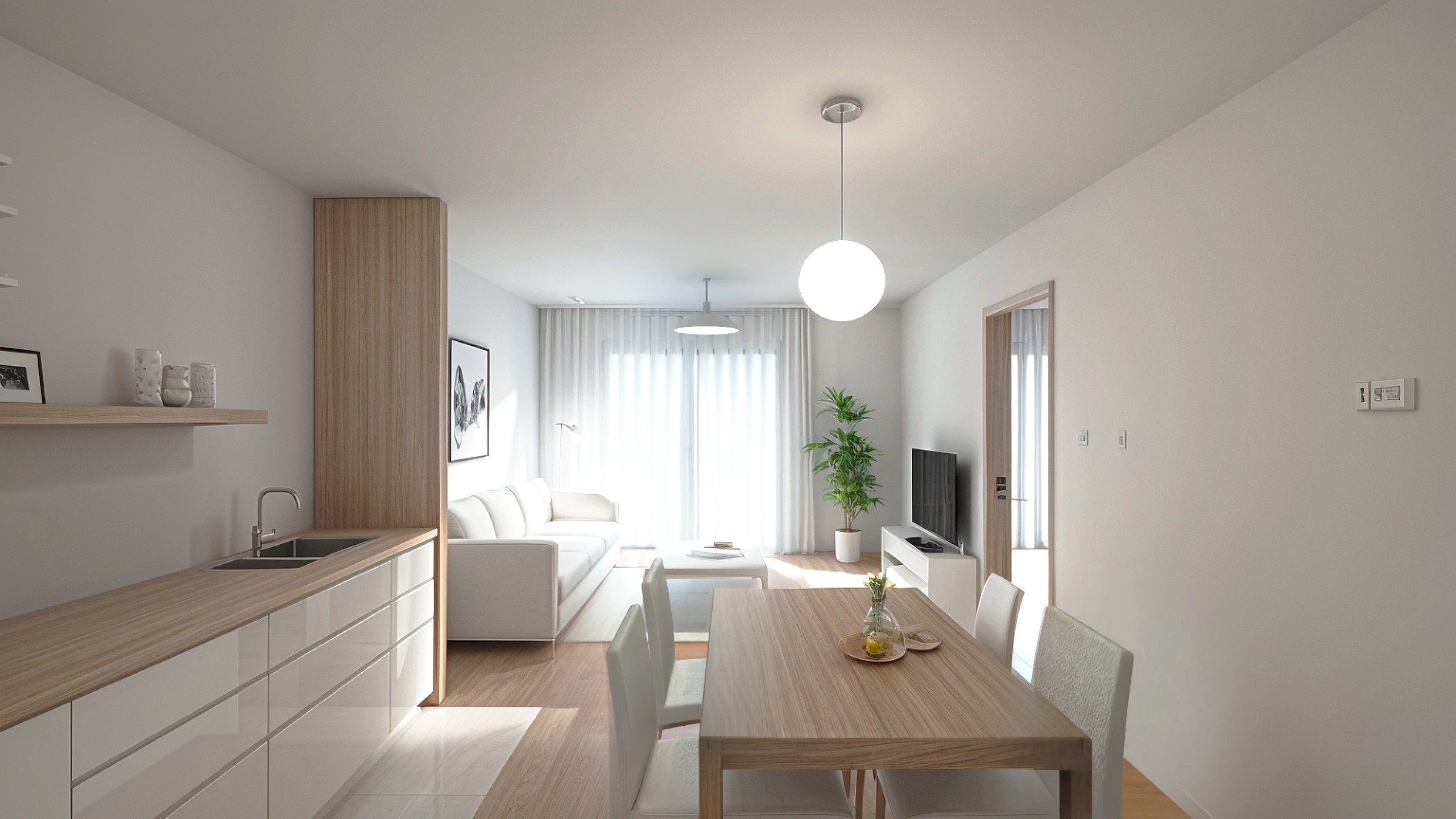 Interior view of a one-bedroom apartment featuring a modern kitchen, dining area, and living room with minimalist furniture designed for small spaces.