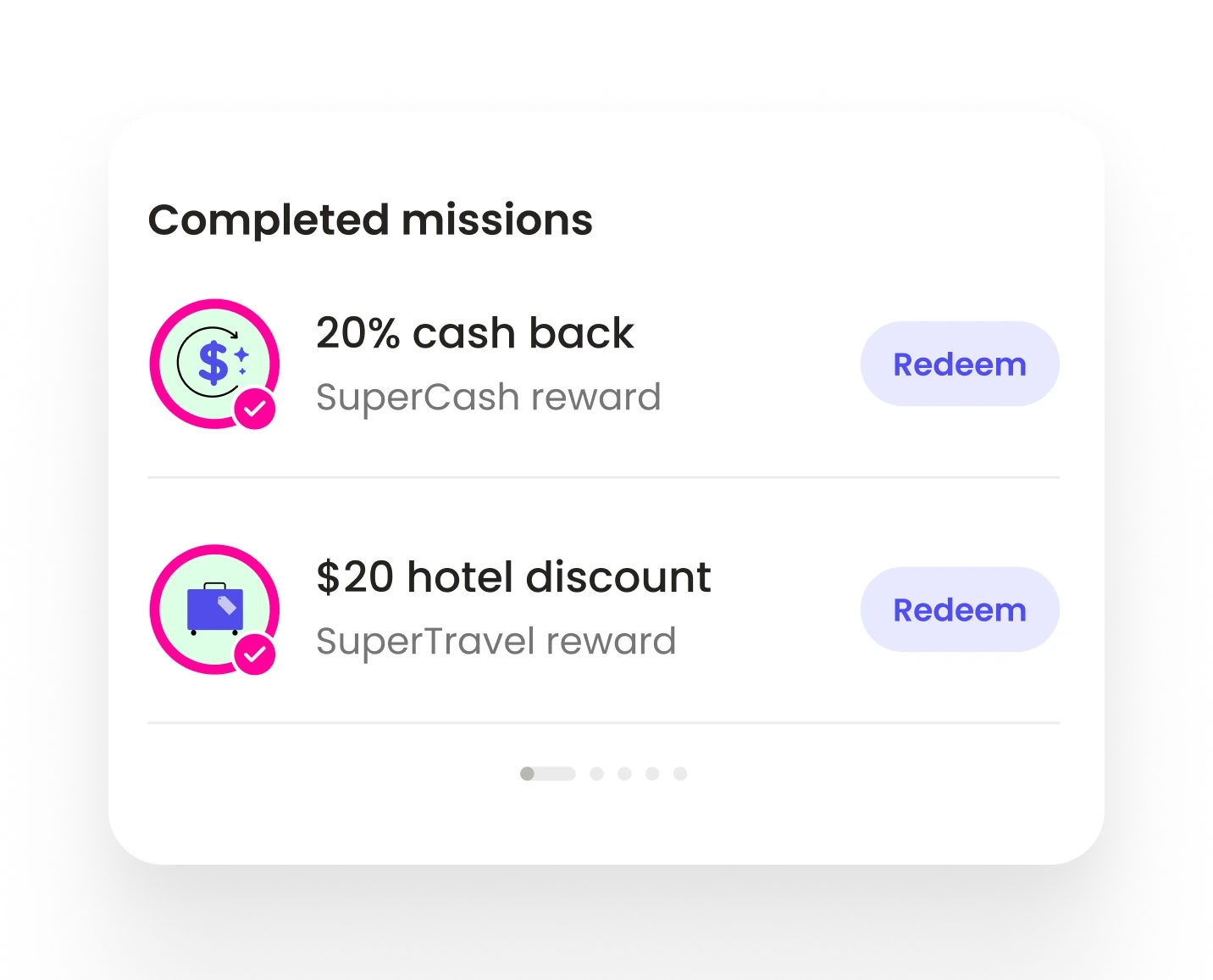 SuperCash app screen displaying the Completed Missions section. Two missions are shown: ‘20% cash back’ and ‘$20 hotel discount,’ each with a pink checkmark icon and a purple ‘Redeem’ button on a light pink background.
