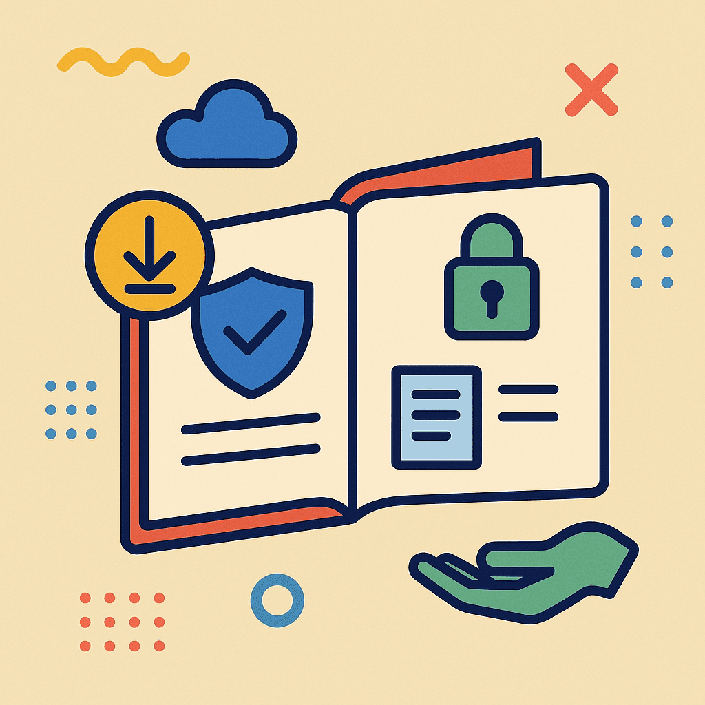 Livro aberto com ícones de cadeado, escudo e nuvem, representando segurança e compartilhamento de informações.